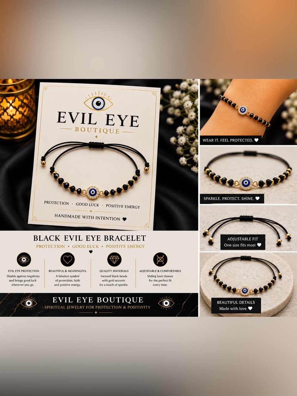 🧿Black & Gold Evil Eye Bracelet🧿